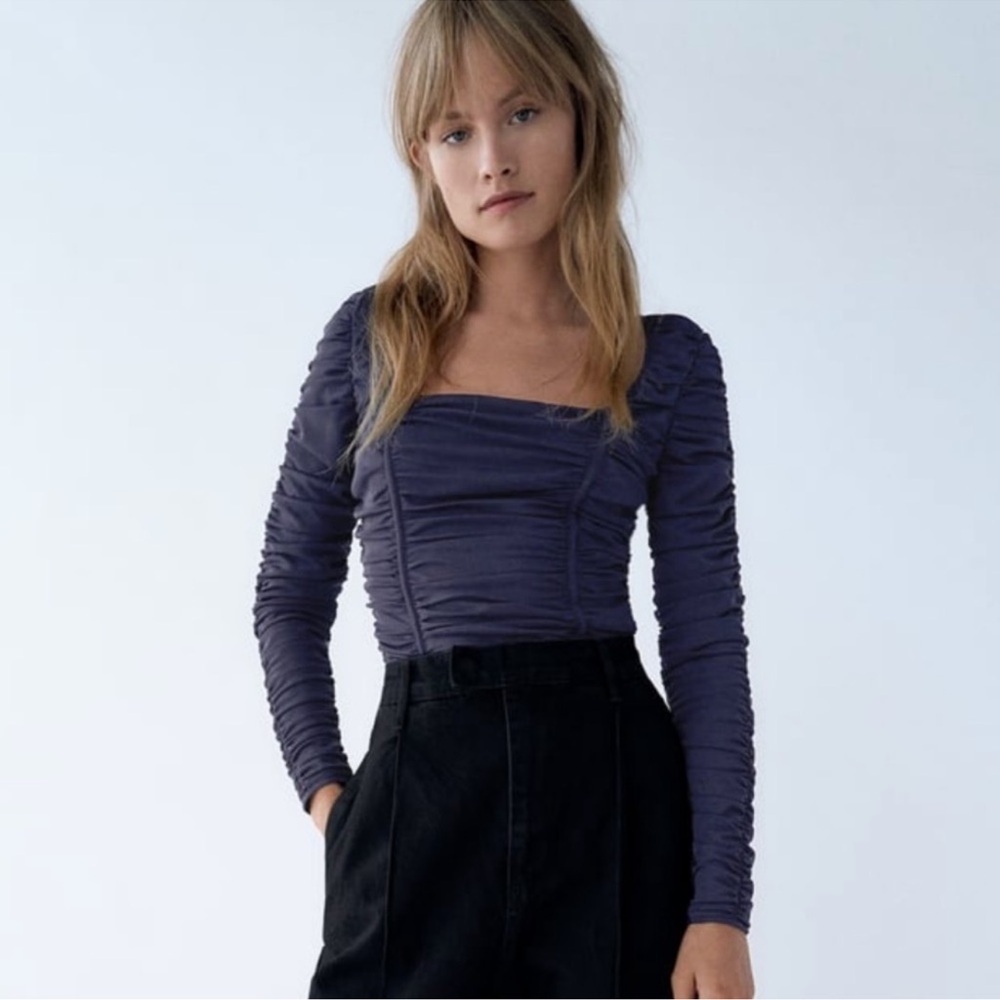 Zara Drappes Tulle Bodysuit in Navy Size S